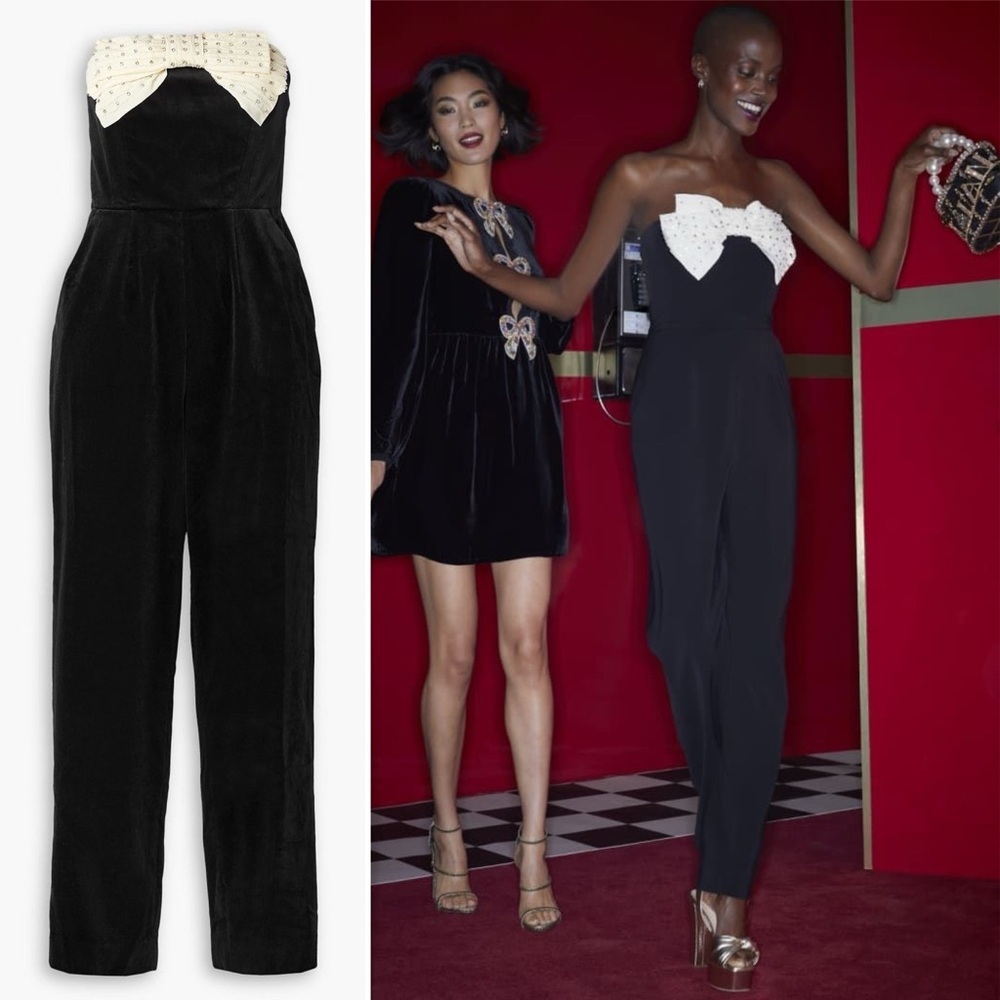 Saloni Sabine Strapless Bow Jumpsuit Black Ivory US 4 NWOT - Picture 15 of 16